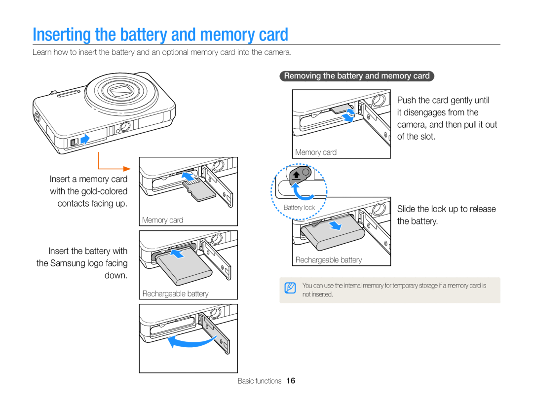 Samsung EC-ST95ZZBPSE2 manual Inserting the battery and memory card, Insert the battery with the Samsung logo facing down 