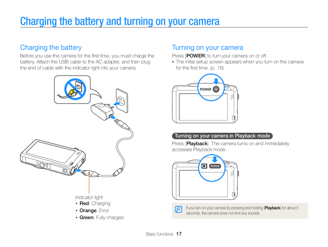 Samsung EC-ST95ZZBPBRU, EC-ST95ZZBPSE1 manual Charging the battery and turning on your camera, Turning on your camera 