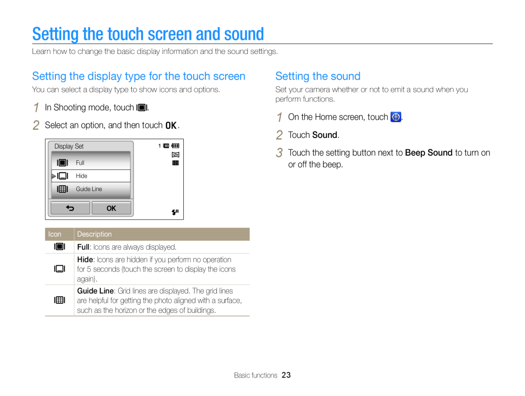 Samsung EC-ST95ZZDPBZA Setting the touch screen and sound, Setting the display type for the touch screen, Touch Sound 