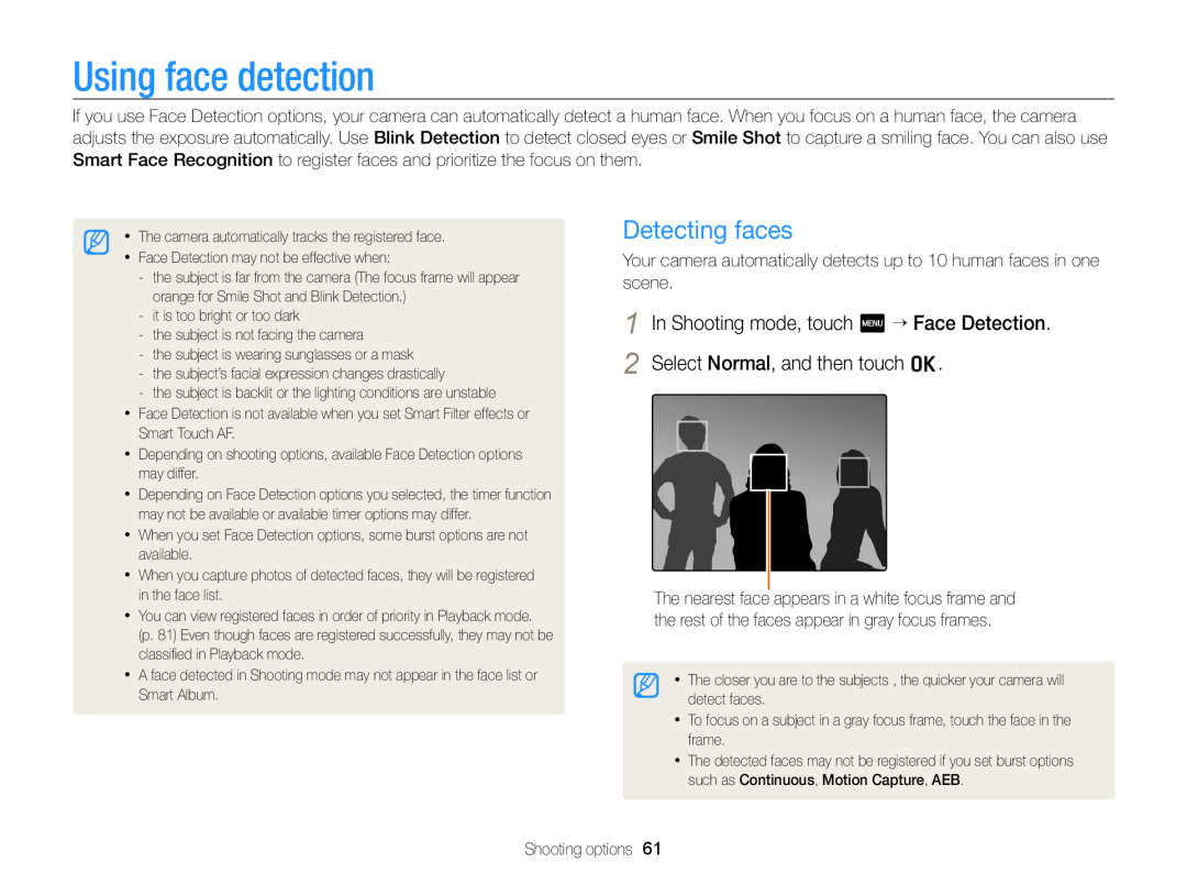 Samsung EC-ST95ZZBPLRU, EC-ST95ZZBPSE1, EC-ST95ZZBPPE1, EC-ST95ZZBPLE1, EC-ST95ZZDPBZA Using face detection, Detecting faces 