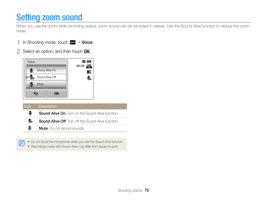 Samsung EC-ST95ZZBPPE2 Setting zoom sound, In Shooting mode, touch m “ Voice, Select an option, and then touch o, Icon 