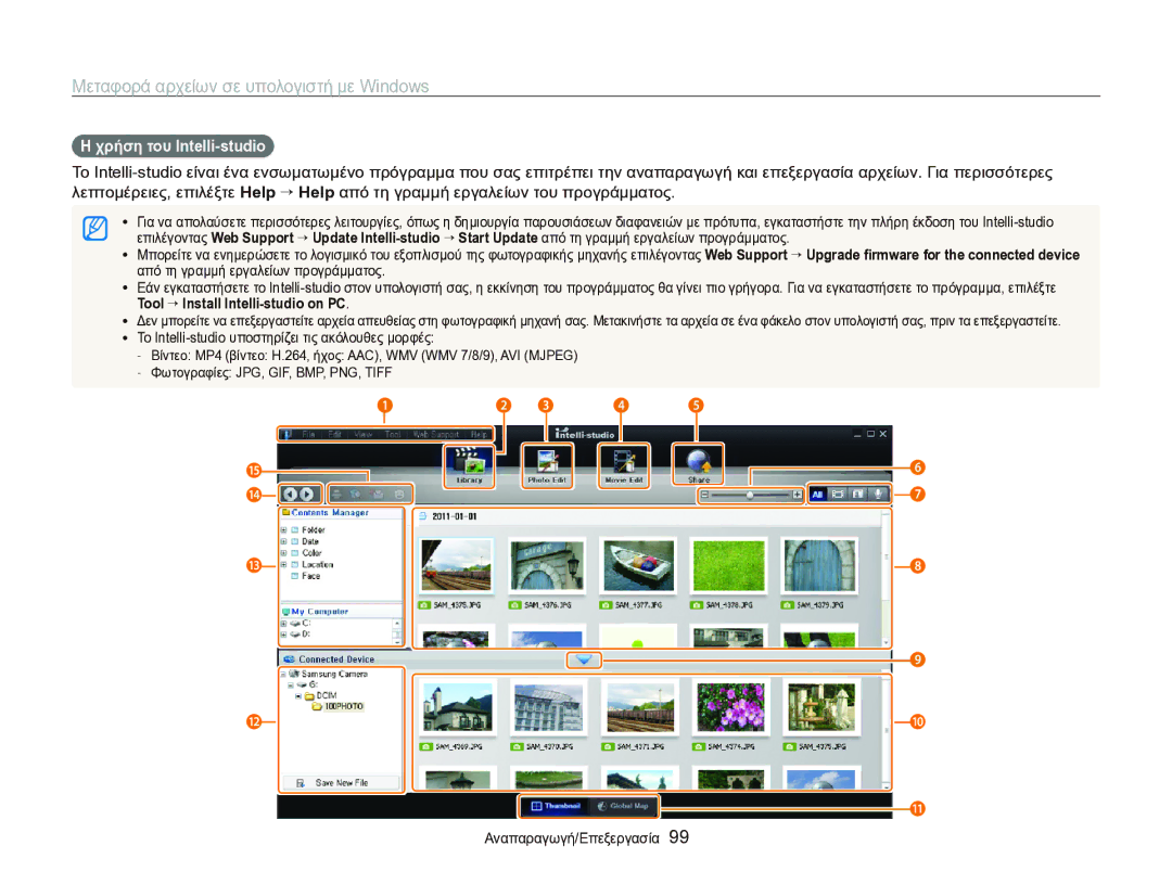 Samsung EC-ST95ZZBPBE3, EC-ST95ZZBPSE3, EC-ST95ZZBPPE3 manual Χρήση του Intelli-studio, Tool “ Install Intelli-studio on PC 