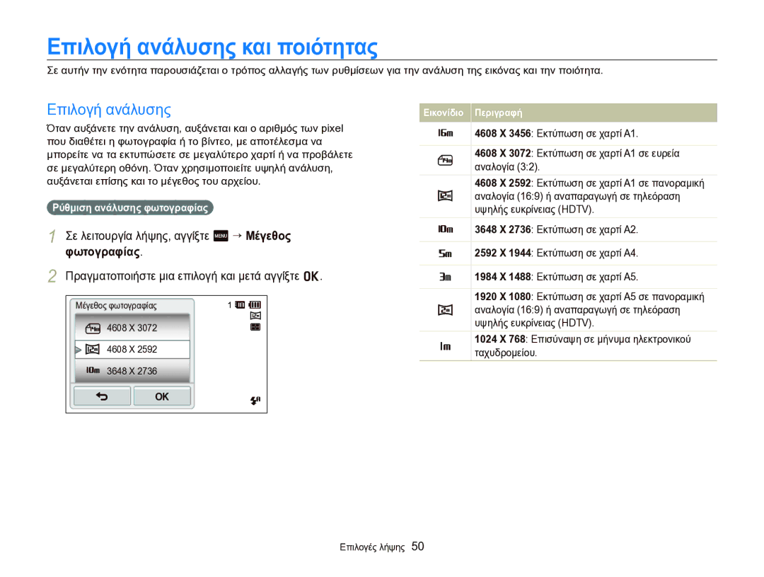 Samsung EC-ST95ZZBPSE3 manual Επιλογή ανάλυσης και ποιότητας, Σε λειτουργία λήψης, αγγίξτε m “ Μέγεθος φωτογραφίας 