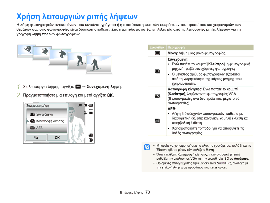 Samsung EC-ST95ZZBPPE3, EC-ST95ZZBPSE3 manual Χρήση λειτουργιών ριπής λήψεων, Μονή Λήψη μίας μόνο φωτογραφίας, Συνεχόμενη 