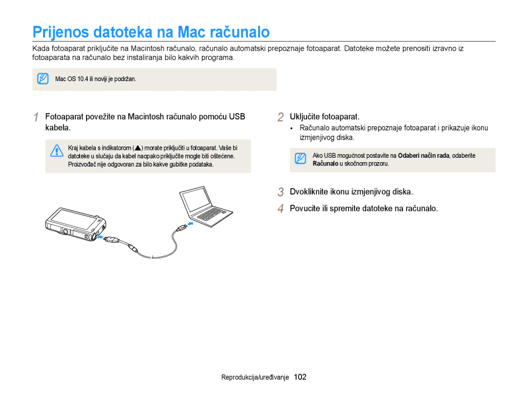 Samsung EC-ST95ZZBPPE3 Prijenos datoteka na Mac računalo, Fotoaparat povežite na Macintosh računalo pomoću USB kabela 