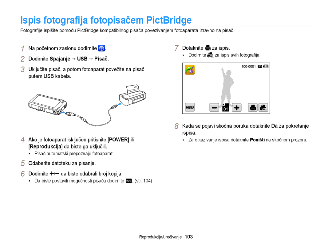 Samsung EC-ST95ZZBPSE3 manual Ispis fotograﬁja fotopisačem PictBridge, Odaberite datoteku za pisanje, Dotaknite za ispis 