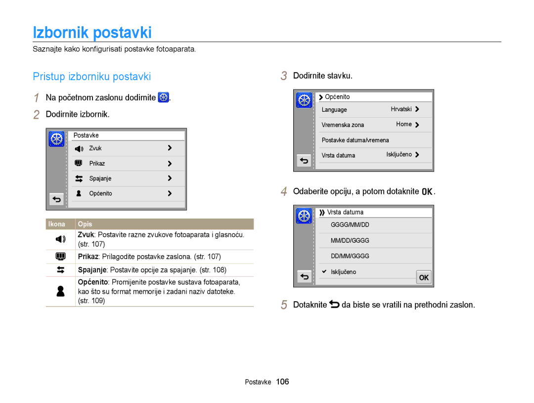 Samsung EC-ST95ZZBPPE3 Izbornik postavki, Pristup izborniku postavki, Na početnom zaslonu dodirnite Dodirnite izbornik 