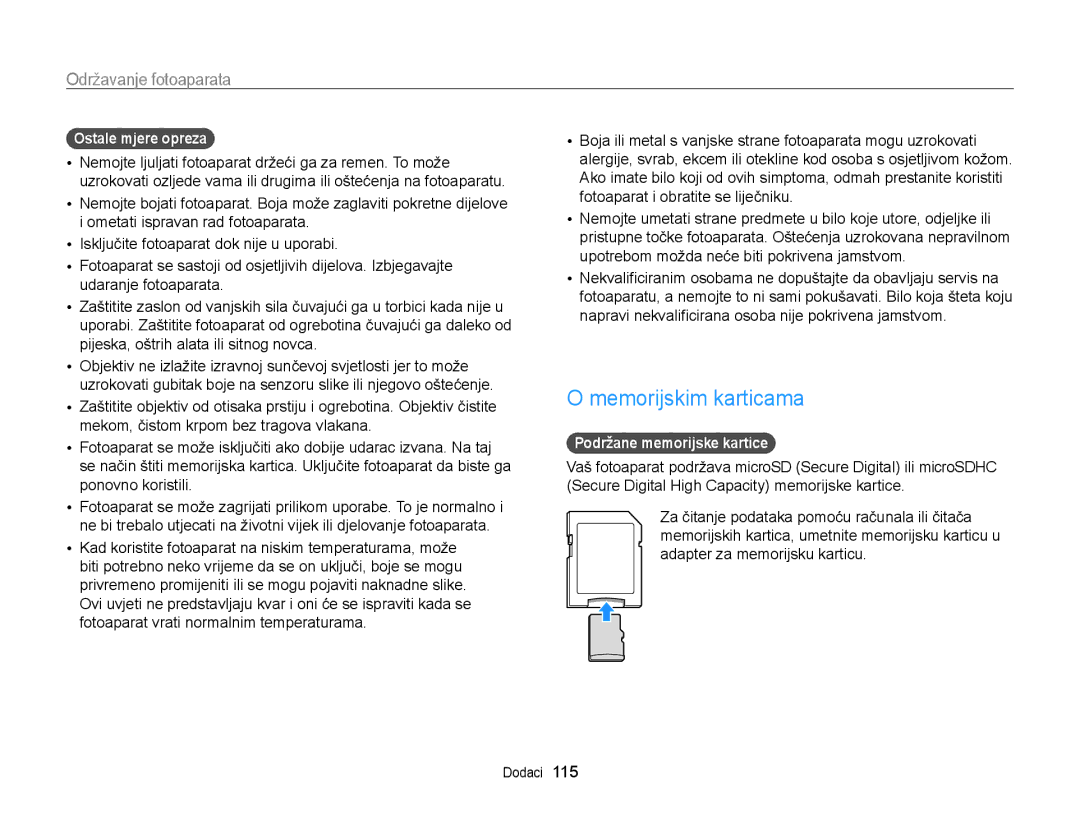 Samsung EC-ST95ZZBPSE3, EC-ST95ZZBPLE3 manual Memorijskim karticama, Ostale mjere opreza, Podržane memorijske kartice 