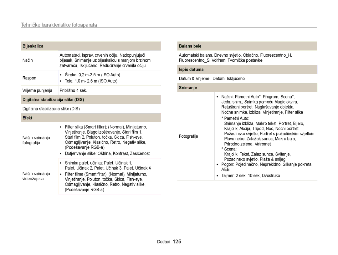 Samsung EC-ST95ZZBPBE3, EC-ST95ZZBPSE3, EC-ST95ZZBPLE3, EC-ST95ZZBPPE3 manual Tehničke karakteristike fotoaparata, Efekt 