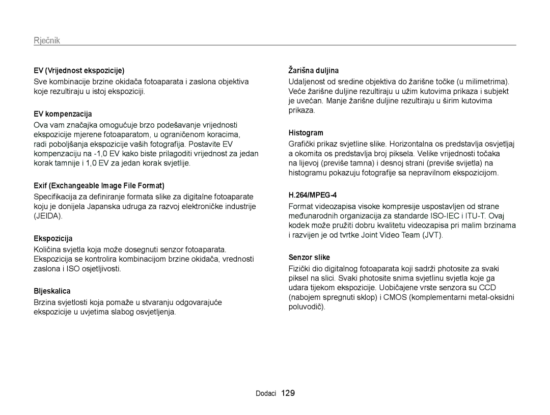 Samsung EC-ST95ZZBPBE3, EC-ST95ZZBPSE3, EC-ST95ZZBPLE3, EC-ST95ZZBPPE3 manual Rječnik 