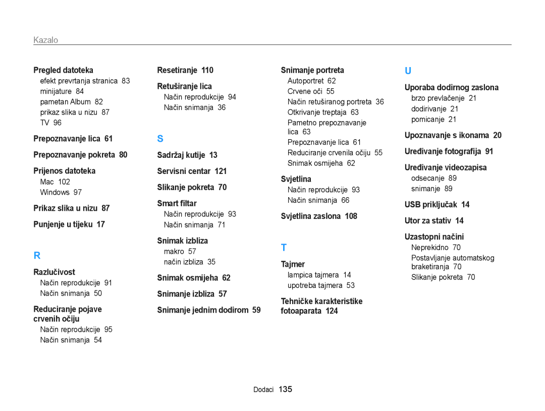 Samsung EC-ST95ZZBPSE3 manual Makro Način izbliza, Brzo prevlačenje 21 dodirivanje 21 pomicanje, Odsecanje 89 snimanje 