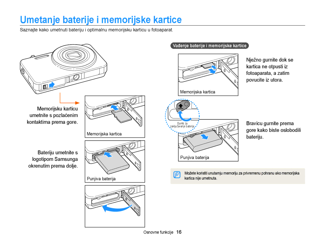 Samsung EC-ST95ZZBPLE3 manual Umetanje baterije i memorijske kartice, Bateriju, Vađenje baterije i memorijske kartice 