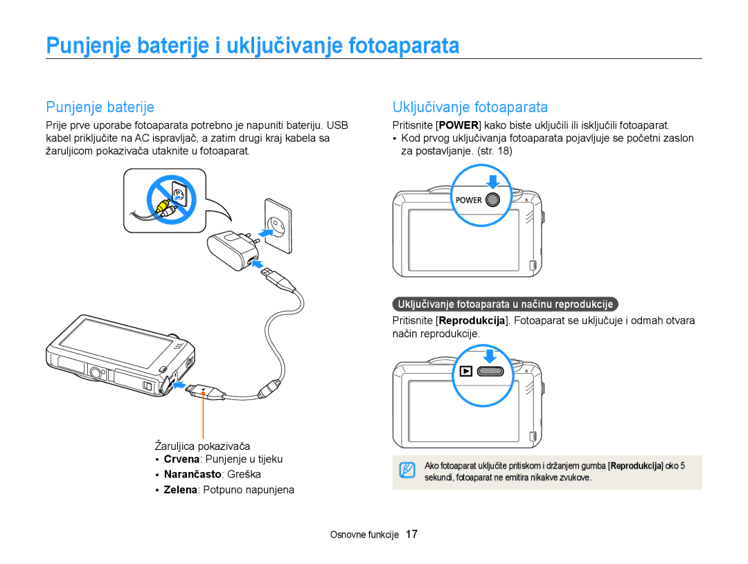 Samsung EC-ST95ZZBPBE3 manual Punjenje baterije i uključivanje fotoaparata, Uključivanje fotoaparata, Narančasto Greška 