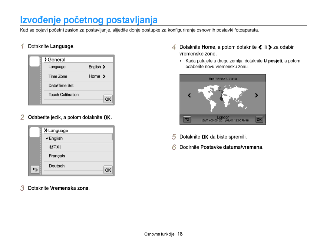 Samsung EC-ST95ZZBPPE3, EC-ST95ZZBPSE3, EC-ST95ZZBPLE3 manual Izvođenje početnog postavljanja, Dotaknite o da biste spremili 