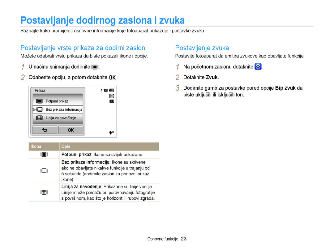 Samsung EC-ST95ZZBPSE3, EC-ST95ZZBPLE3 Postavljanje dodirnog zaslona i zvuka, Postavljanje vrste prikaza za dodirni zaslon 