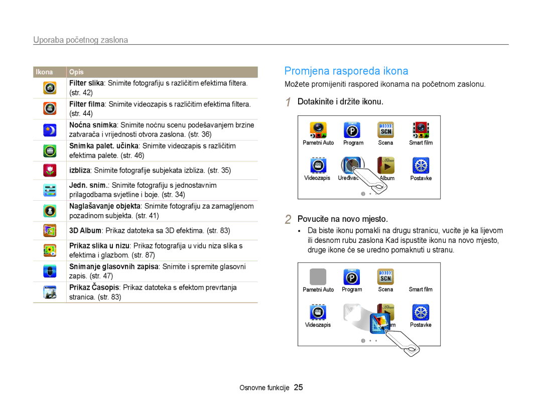 Samsung EC-ST95ZZBPBE3, EC-ST95ZZBPSE3 manual Promjena rasporeda ikona, Uporaba početnog zaslona, Dotakinite i držite ikonu 