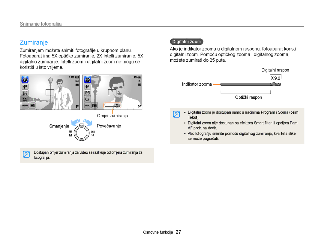 Samsung EC-ST95ZZBPSE3, EC-ST95ZZBPLE3, EC-ST95ZZBPBE3, EC-ST95ZZBPPE3 manual Zumiranje, Snimanje fotograﬁja, Digitalni zoom 