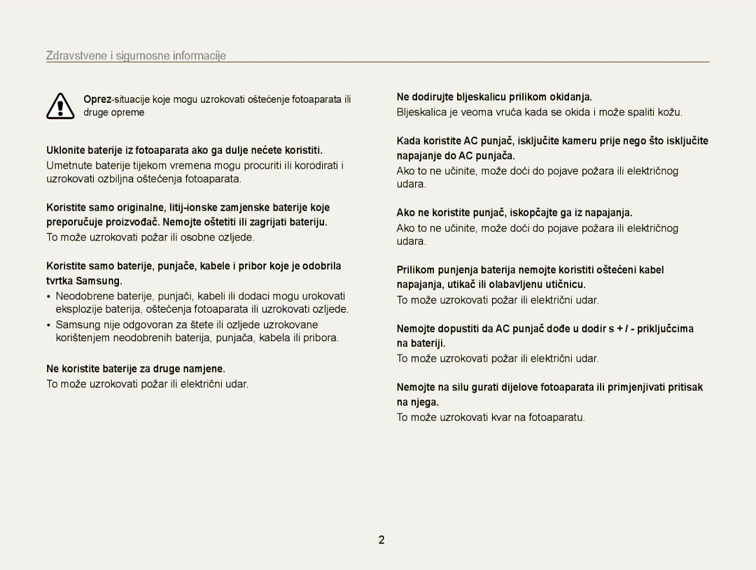 Samsung EC-ST95ZZBPPE3, EC-ST95ZZBPSE3 manual Zdravstvene i sigurnosne informacije, Ne koristite baterije za druge namjene 