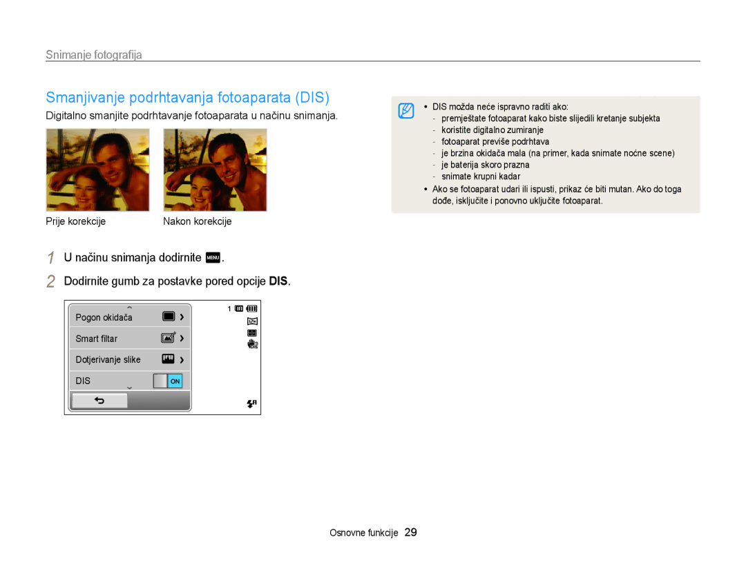 Samsung EC-ST95ZZBPBE3, EC-ST95ZZBPSE3, EC-ST95ZZBPLE3, EC-ST95ZZBPPE3 manual Smanjivanje podrhtavanja fotoaparata DIS, Dis 