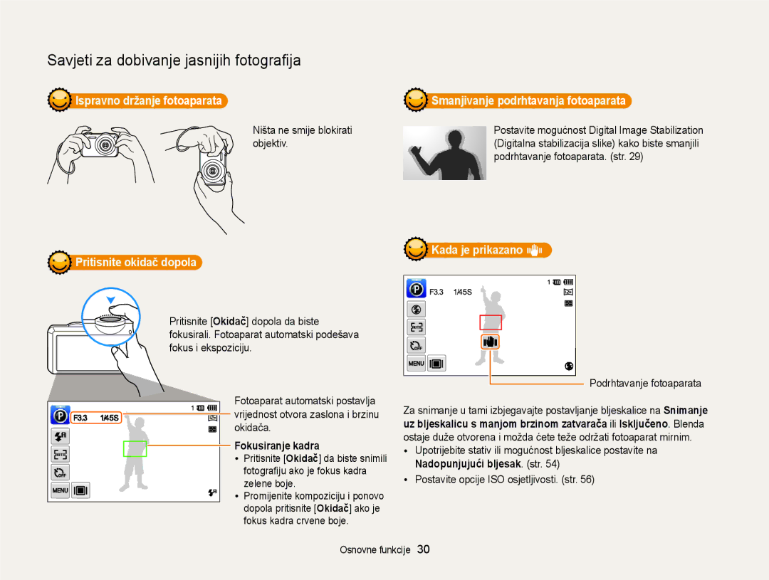 Samsung EC-ST95ZZBPPE3 manual Ništa ne smije blokirati, Objektiv, Podrhtavanje fotoaparata. str, Pritisnite okidač dopola 