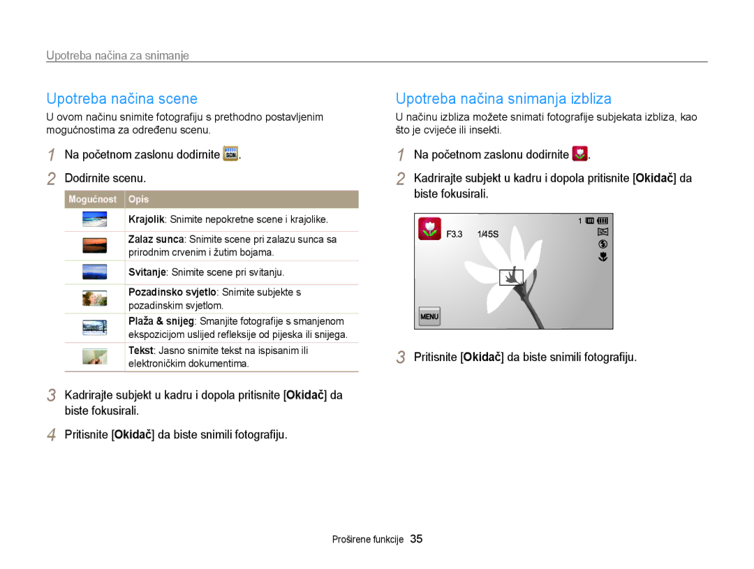 Samsung EC-ST95ZZBPSE3 manual Upotreba načina scene, Upotreba načina snimanja izbliza, Dodirnite scenu, Biste fokusirali 