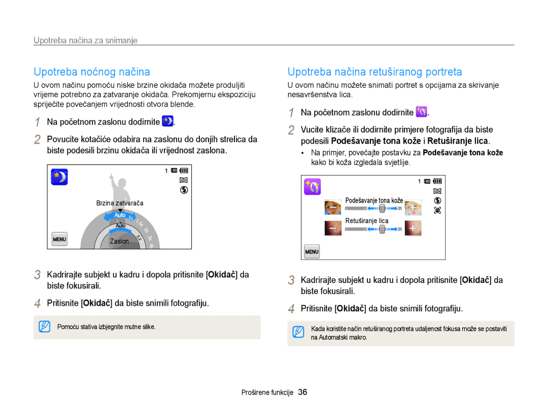 Samsung EC-ST95ZZBPLE3, EC-ST95ZZBPSE3, EC-ST95ZZBPBE3 manual Upotreba noćnog načina, Upotreba načina retuširanog portreta 