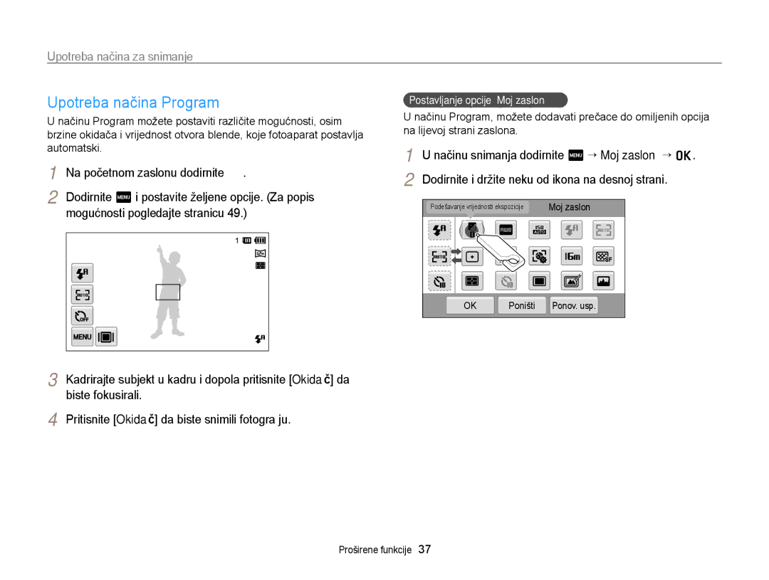 Samsung EC-ST95ZZBPBE3 manual Upotreba načina Program, Mogućnosti pogledajte stranicu, Postavljanje opcije „Moj zaslon 