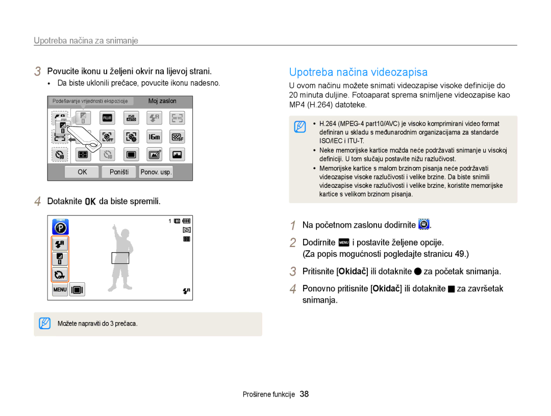 Samsung EC-ST95ZZBPPE3 manual Upotreba načina videozapisa, Povucite ikonu u željeni okvir na lijevoj strani, Snimanja 