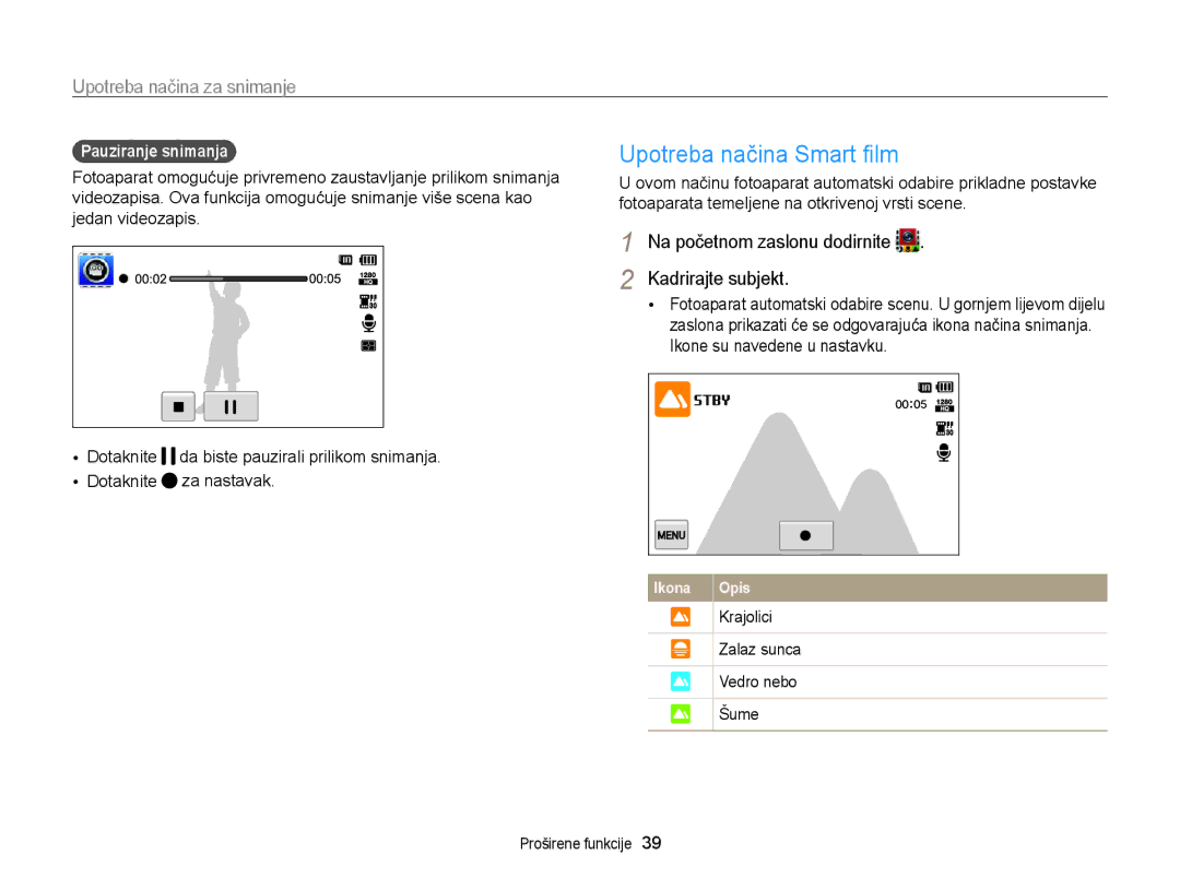 Samsung EC-ST95ZZBPSE3 manual Upotreba načina Smart ﬁlm, Pauziranje snimanja, Ikone su navedene u nastavku, Krajolici 