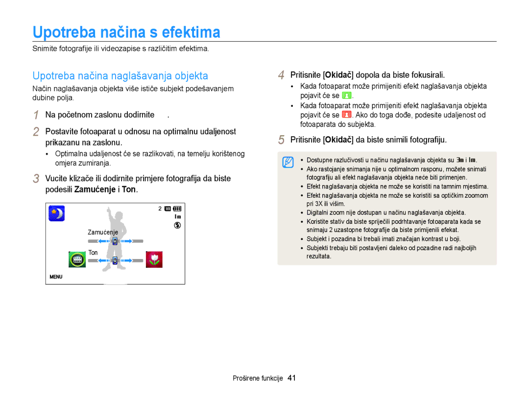 Samsung EC-ST95ZZBPBE3 manual Upotreba načina s efektima, Upotreba načina naglašavanja objekta, Prikazanu na zaslonu 