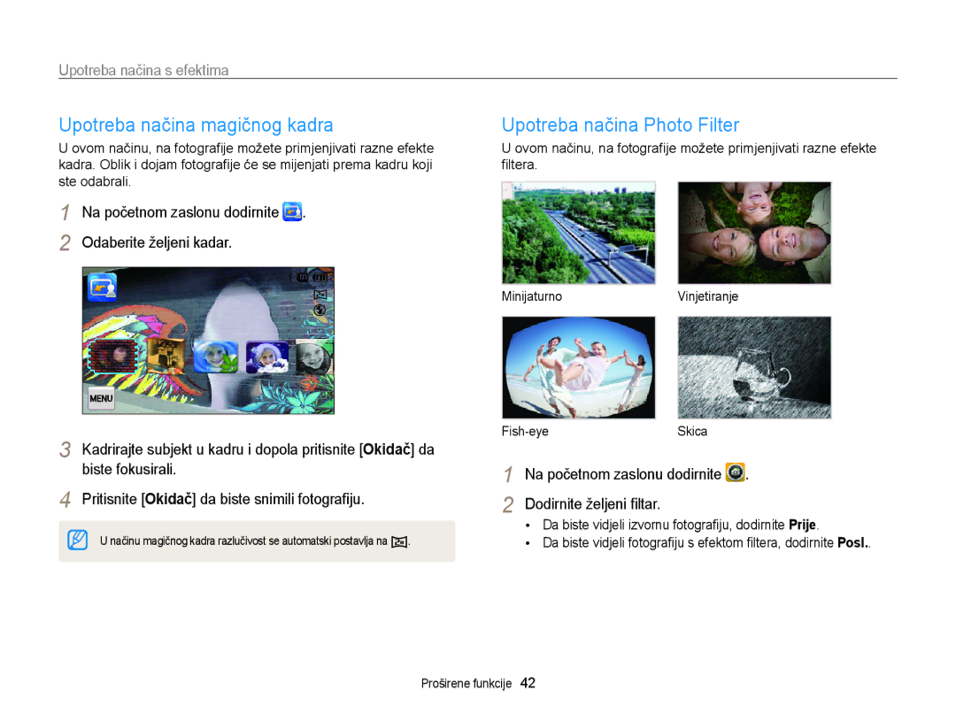 Samsung EC-ST95ZZBPPE3 manual Upotreba načina magičnog kadra, Upotreba načina Photo Filter, Upotreba načina s efektima 