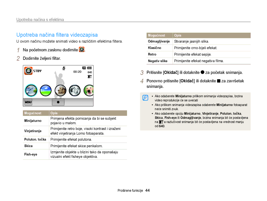 Samsung EC-ST95ZZBPLE3 manual Upotreba načina ﬁltera videozapisa, Vizualni efekt ﬁsheye objektiva, Stvaranje jasnijih slika 