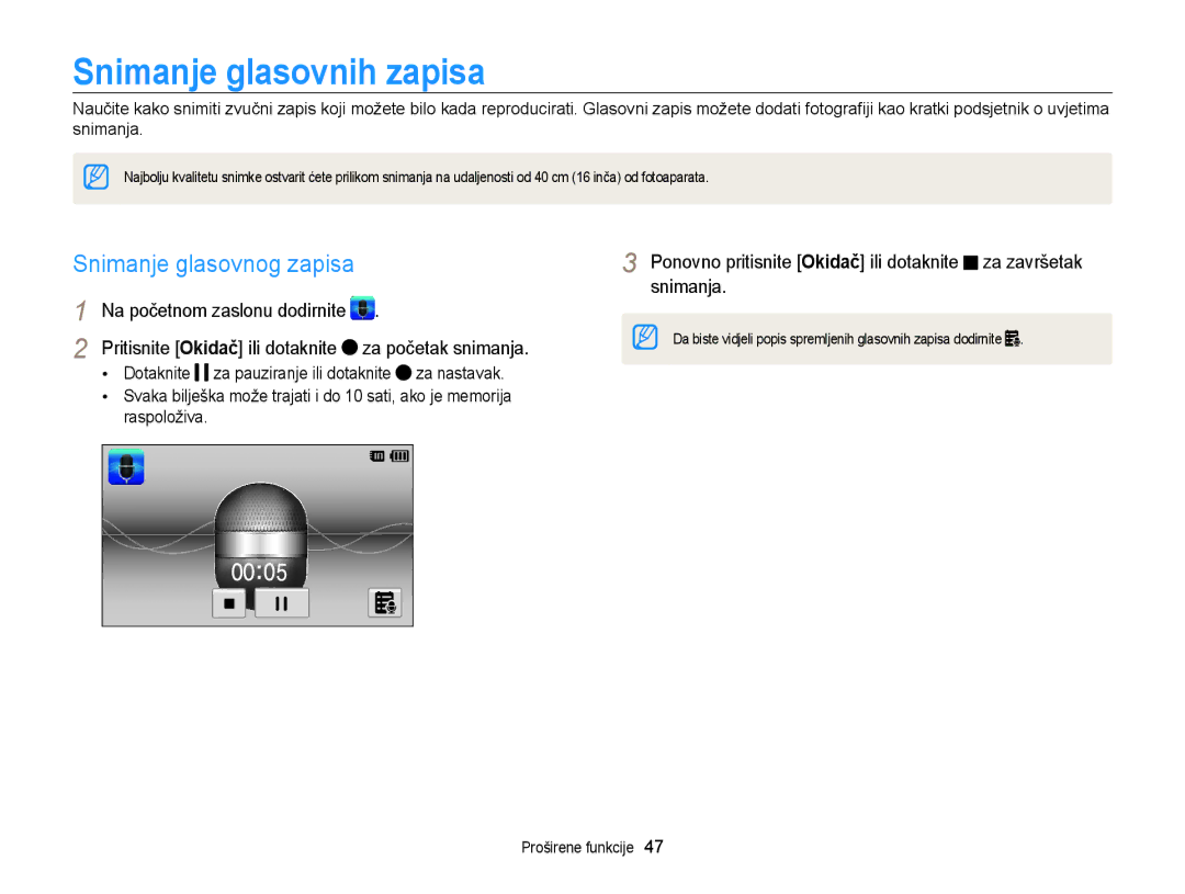 Samsung EC-ST95ZZBPSE3, EC-ST95ZZBPLE3, EC-ST95ZZBPBE3 Snimanje glasovnih zapisa, Snimanje glasovnog zapisa, Raspoloživa 