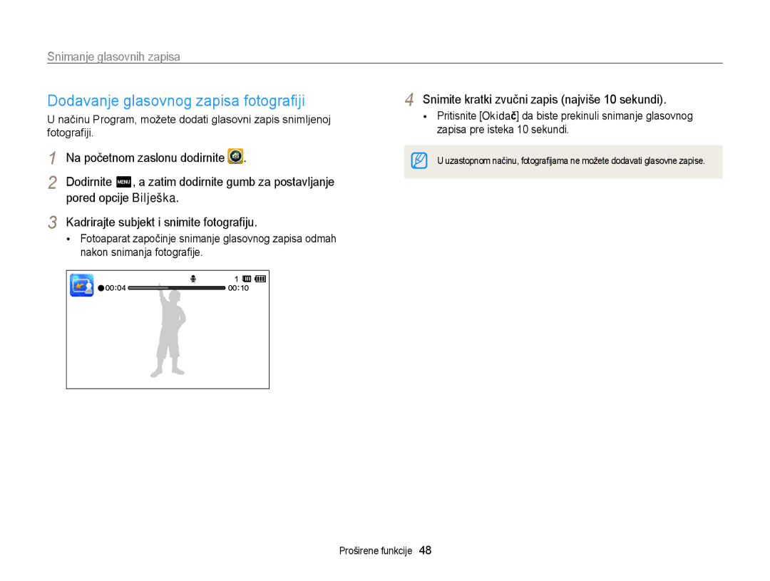 Samsung EC-ST95ZZBPLE3 manual Dodavanje glasovnog zapisa fotograﬁji, Snimanje glasovnih zapisa, Pored opcije Bilješka 