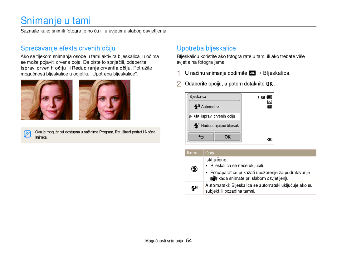 Samsung EC-ST95ZZBPPE3, EC-ST95ZZBPSE3, EC-ST95ZZBPLE3 manual Snimanje u tami, Sprečavanje efekta crvenih očiju, Isključeno 