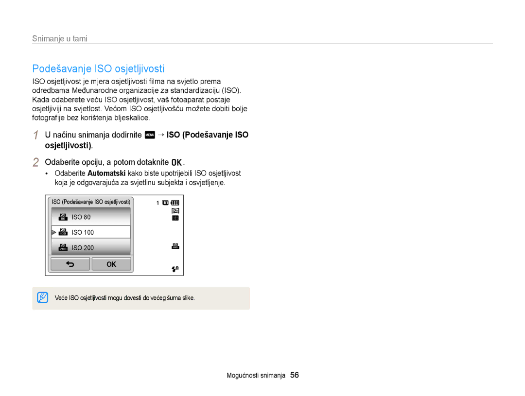 Samsung EC-ST95ZZBPLE3, EC-ST95ZZBPSE3, EC-ST95ZZBPBE3 Podešavanje ISO osjetljivosti, Odaberite opciju, a potom dotaknite o 