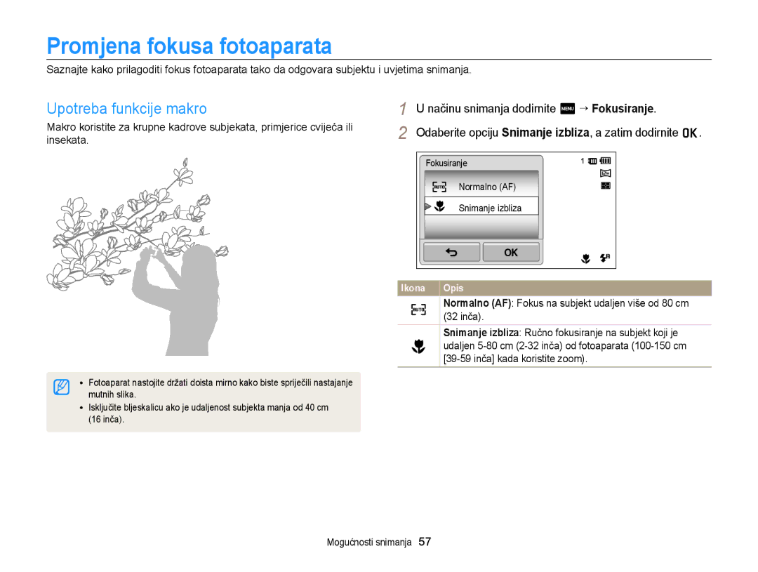 Samsung EC-ST95ZZBPBE3 manual Promjena fokusa fotoaparata, Upotreba funkcije makro, 32 inča, 39-59 inča kada koristite zoom 