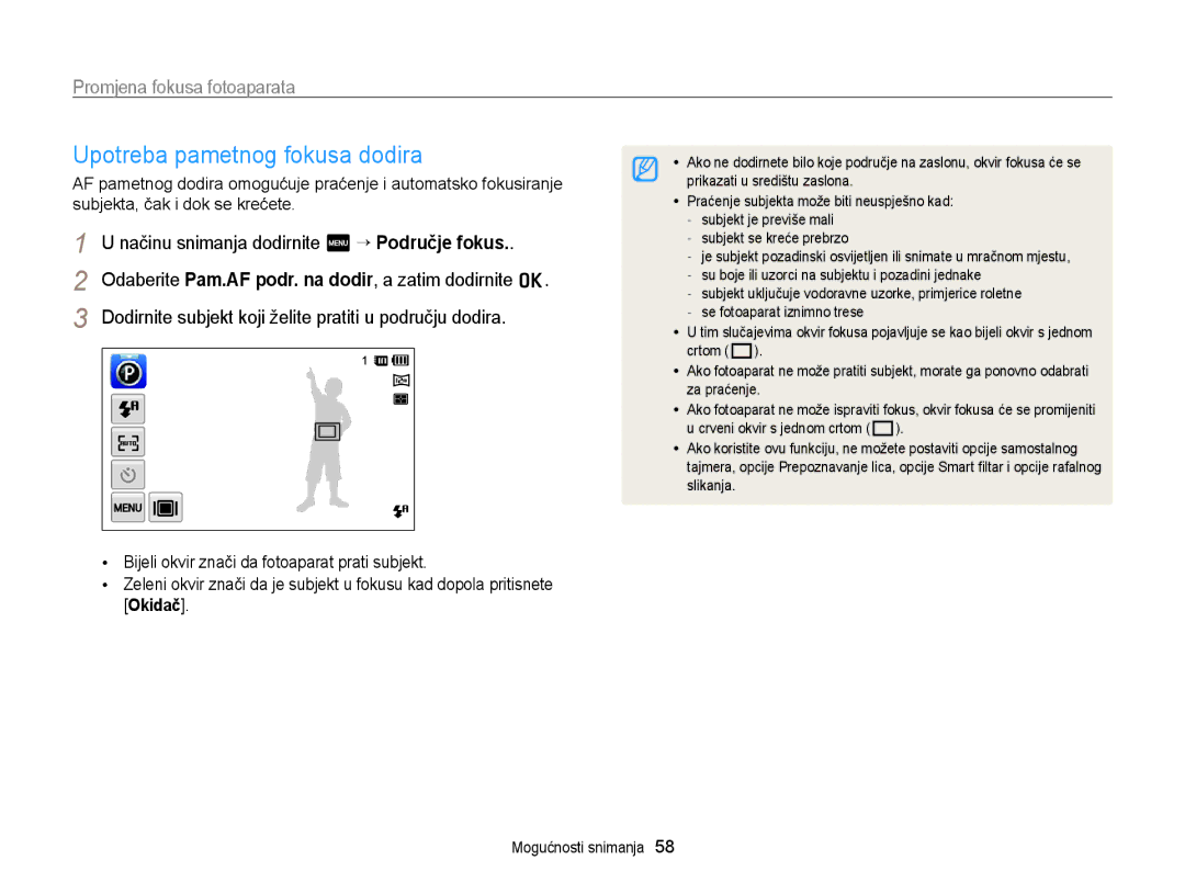 Samsung EC-ST95ZZBPPE3, EC-ST95ZZBPSE3, EC-ST95ZZBPLE3 manual Upotreba pametnog fokusa dodira, Promjena fokusa fotoaparata 