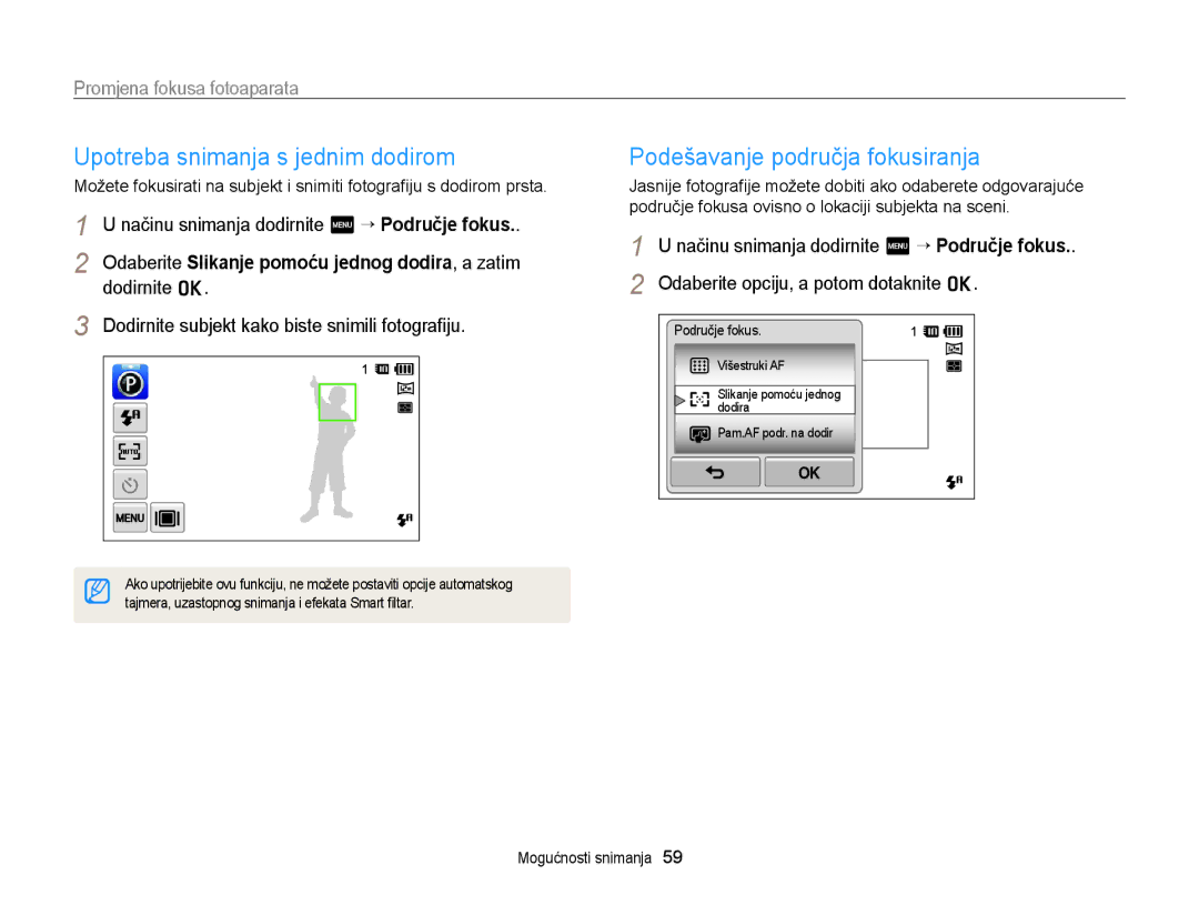 Samsung EC-ST95ZZBPSE3, EC-ST95ZZBPLE3 Upotreba snimanja s jednim dodirom, Načinu snimanja dodirnite m “ Područje fokus 