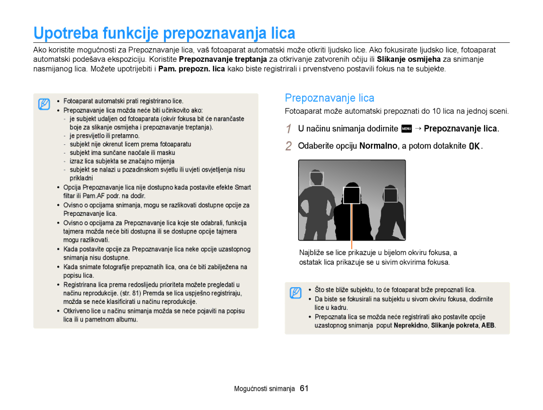 Samsung EC-ST95ZZBPBE3 manual Upotreba funkcije prepoznavanja lica, Odaberite opciju Normalno, a potom dotaknite o 