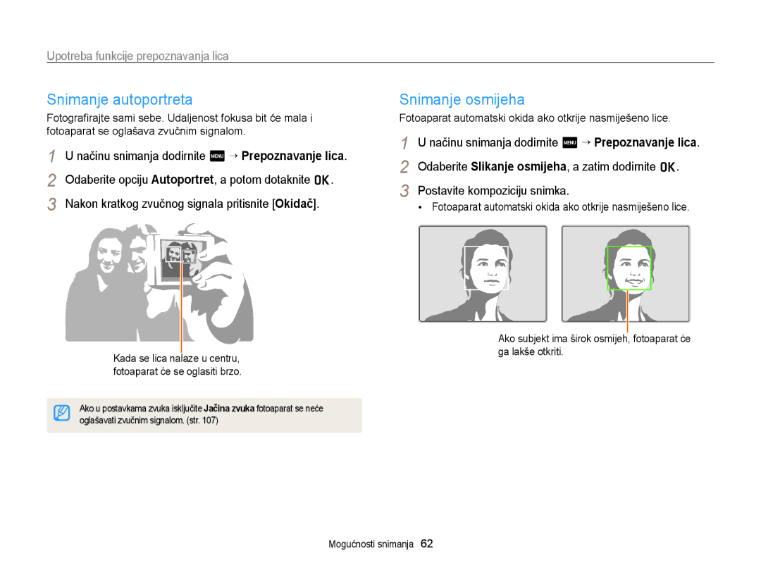 Samsung EC-ST95ZZBPPE3, EC-ST95ZZBPSE3 manual Snimanje autoportreta, Snimanje osmijeha, Upotreba funkcije prepoznavanja lica 