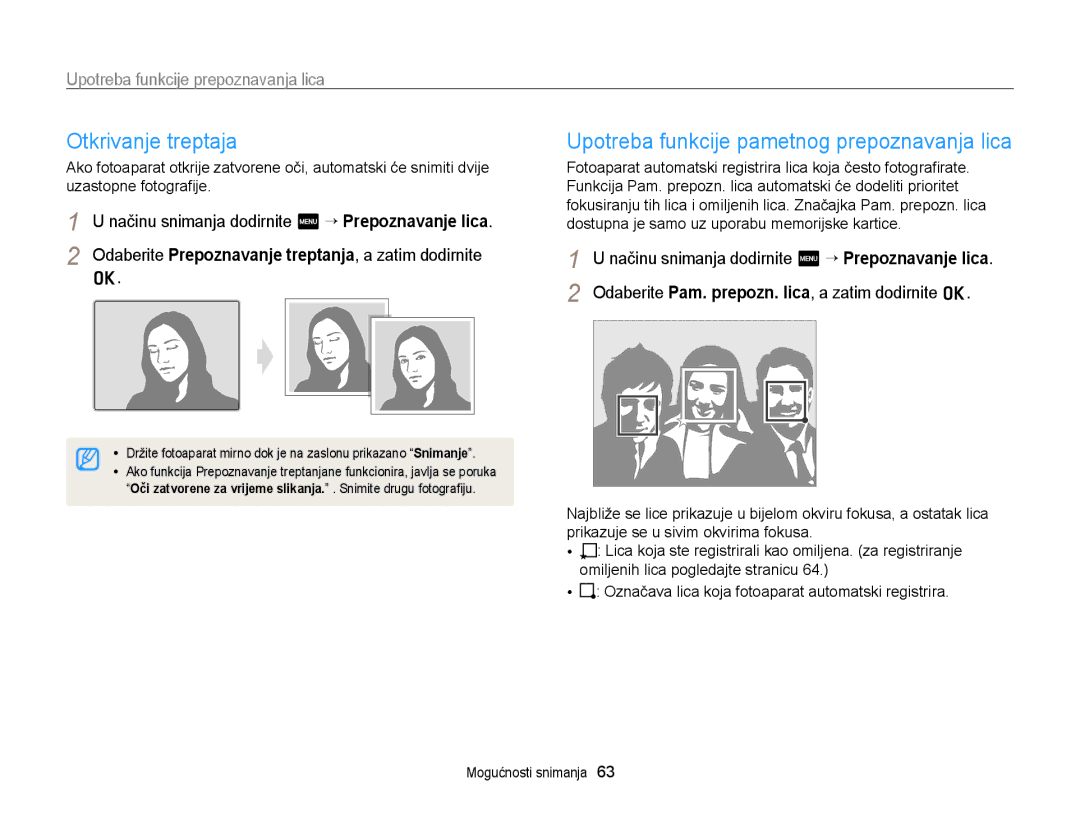Samsung EC-ST95ZZBPSE3, EC-ST95ZZBPLE3, EC-ST95ZZBPBE3 Otkrivanje treptaja, Upotreba funkcije pametnog prepoznavanja lica 
