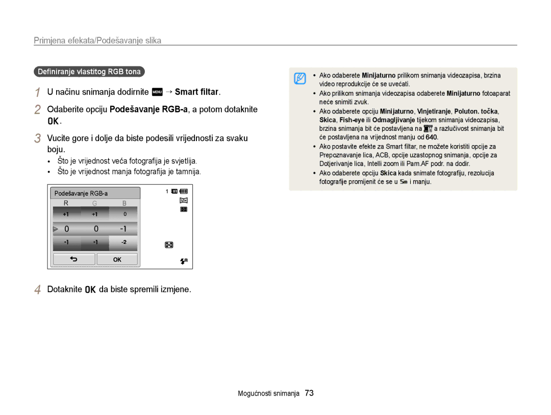 Samsung EC-ST95ZZBPBE3 manual Načinu snimanja dodirnite m “ Smart ﬁltar, Boju, Dotaknite o da biste spremili izmjene 