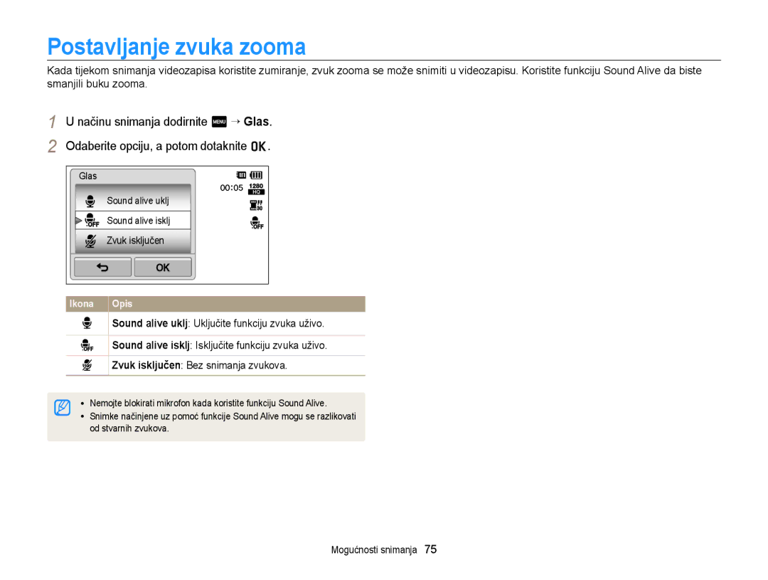 Samsung EC-ST95ZZBPSE3, EC-ST95ZZBPLE3, EC-ST95ZZBPBE3, EC-ST95ZZBPPE3 manual Postavljanje zvuka zooma 