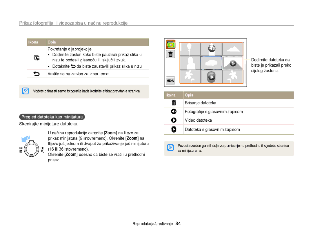 Samsung EC-ST95ZZBPLE3 manual Pokretanje dijaprojekcije, Pregled datoteka kao minijatura, Skenirajte minijature datoteka 