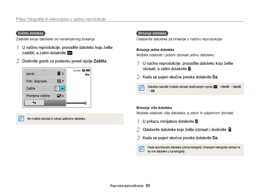 Samsung EC-ST95ZZBPBE3 Dodirnite gumb za postavku pored opcije Zaštita, Prikazu minijatura dotaknite, Zaštita datoteka 