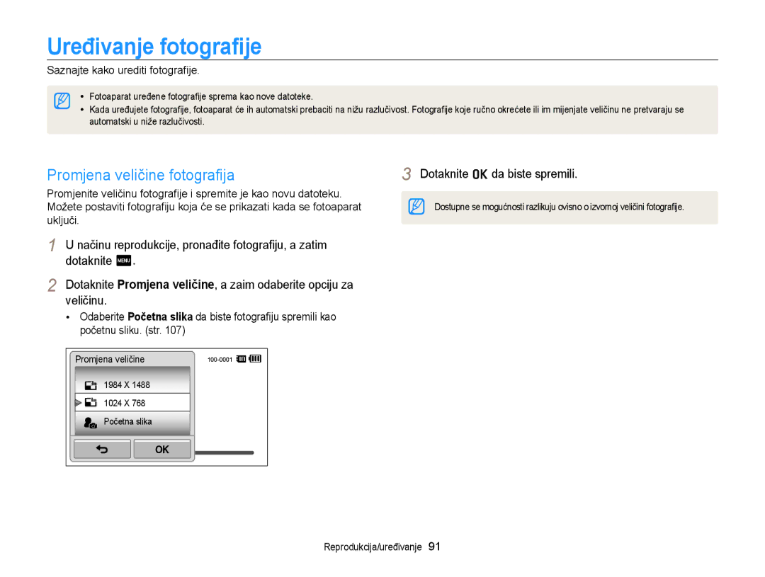 Samsung EC-ST95ZZBPSE3 manual Uređivanje fotograﬁje, Promjena veličine fotograﬁja, Saznajte kako urediti fotograﬁje 