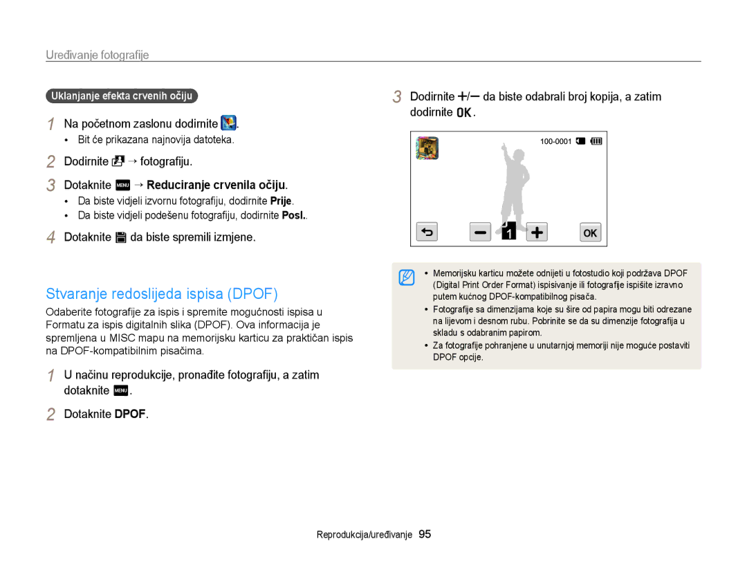 Samsung EC-ST95ZZBPSE3, EC-ST95ZZBPLE3 Stvaranje redoslijeda ispisa Dpof, Dotaknite Dpof, Uklanjanje efekta crvenih očiju 