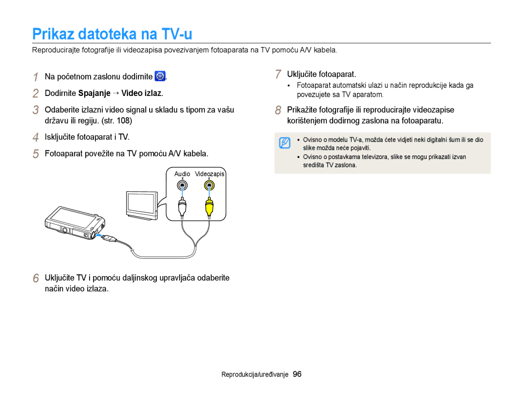 Samsung EC-ST95ZZBPLE3 Prikaz datoteka na TV-u, Državu ili regiju. str, Isključite fotoaparat i TV, Uključite fotoaparat 