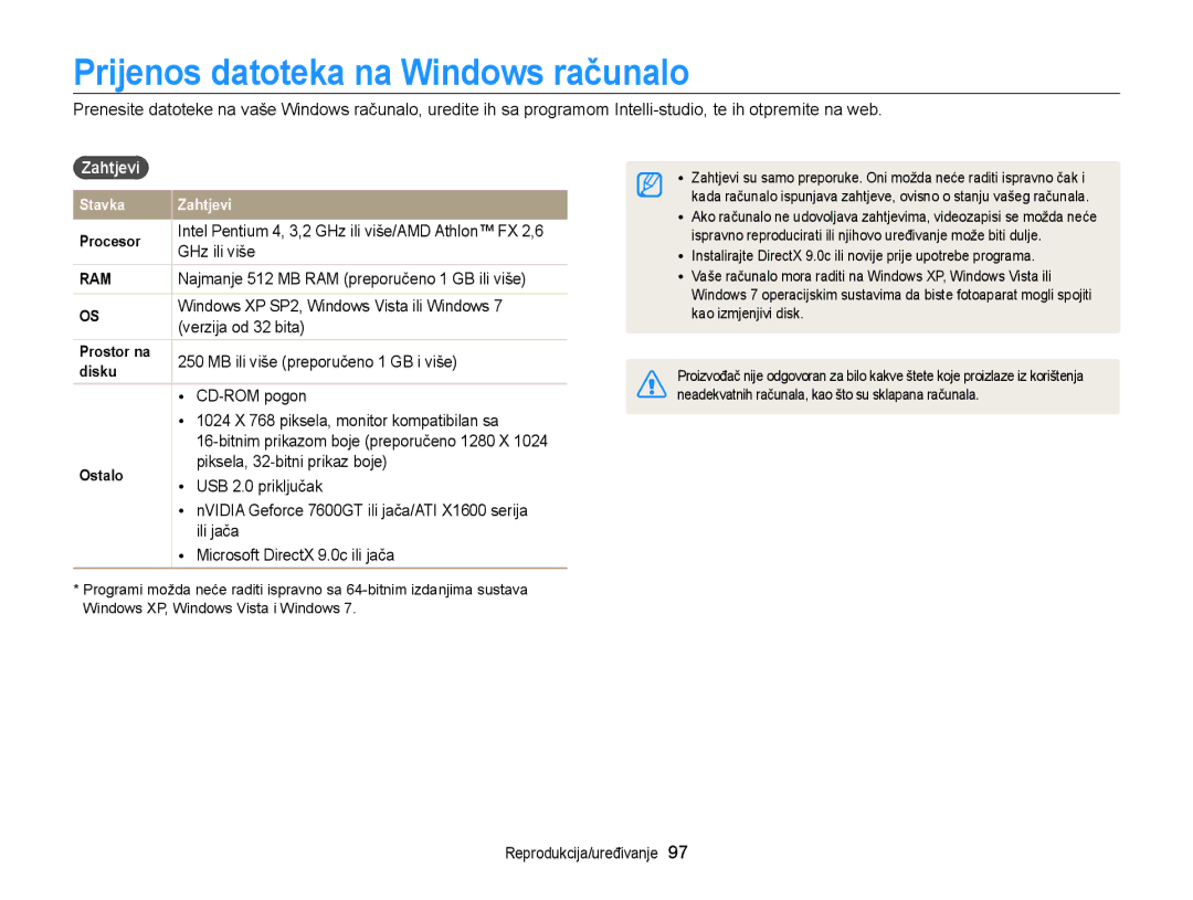 Samsung EC-ST95ZZBPBE3, EC-ST95ZZBPSE3, EC-ST95ZZBPLE3, EC-ST95ZZBPPE3 manual Prijenos datoteka na Windows računalo, Zahtjevi 